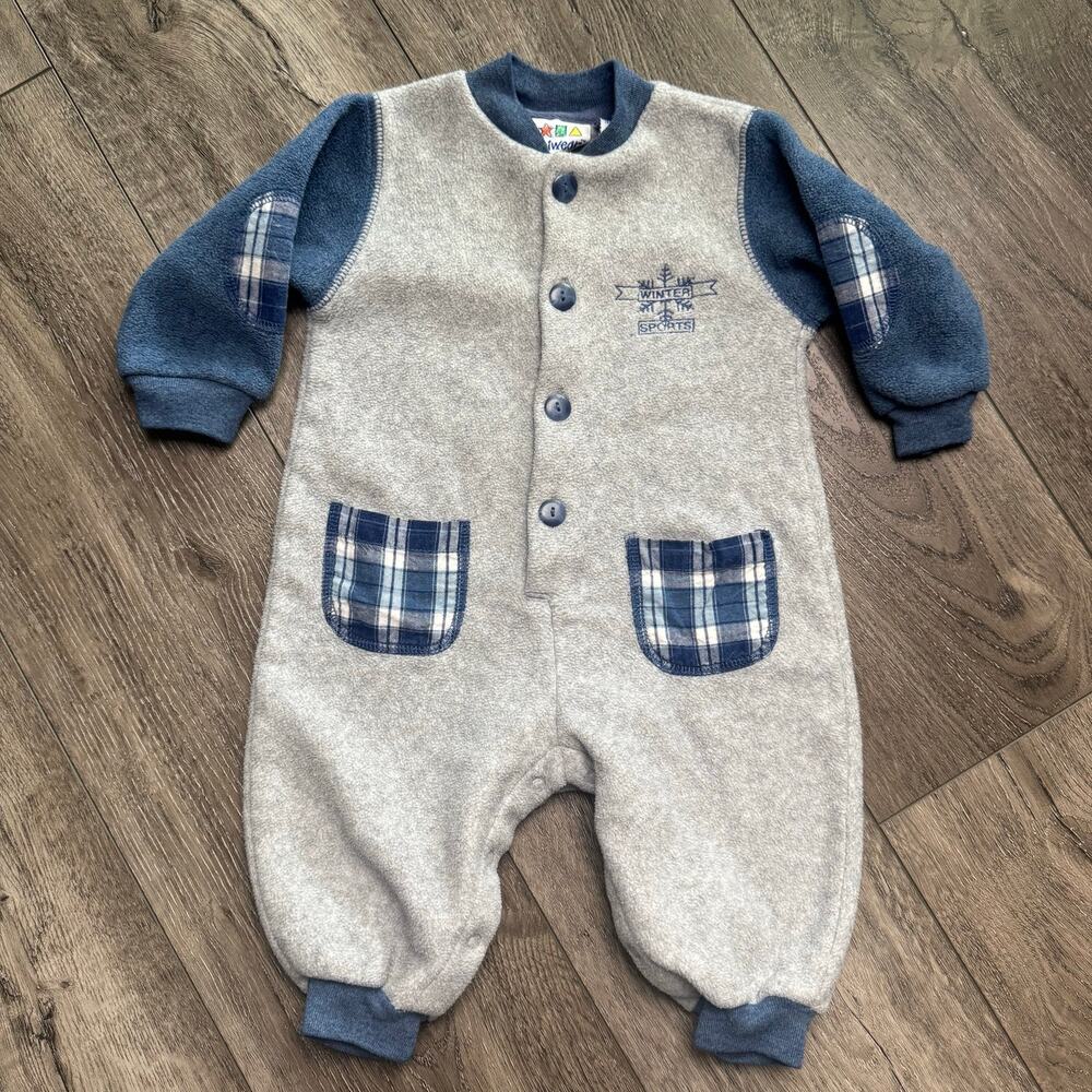 Vintage Color block Winter Miniwear Baby Fleece Romper Elbow Patches Sports 6-9M